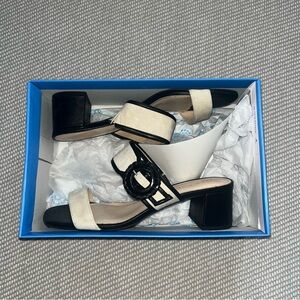 Jack Rogers Black And Beige Callie Suede And Leather Open Toe Slip On Block Heel